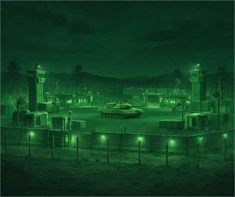 Night-vision view of a fortified border installation with watchtowers, perimeter fencing and an armoured vehicle