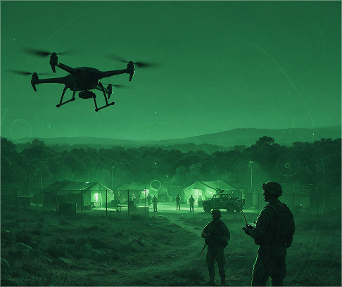 Night-vision view of a military field camp with a surveillance drone in flight and soldiers operating a controller