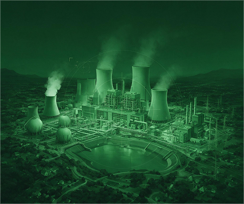 Night-vision aerial view of a power plant with cooling towers and industrial infrastructure