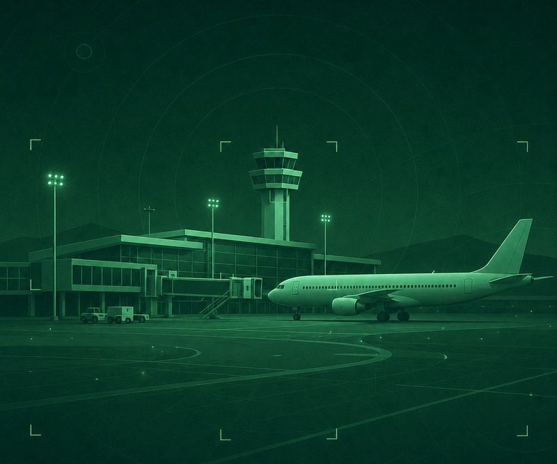 Airport apron and control tower at night