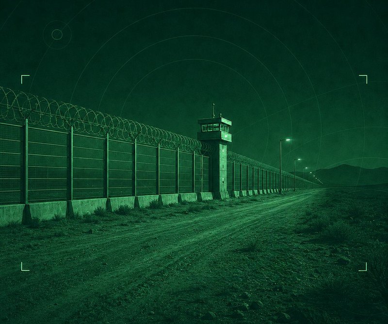 Border fence and patrol road at night