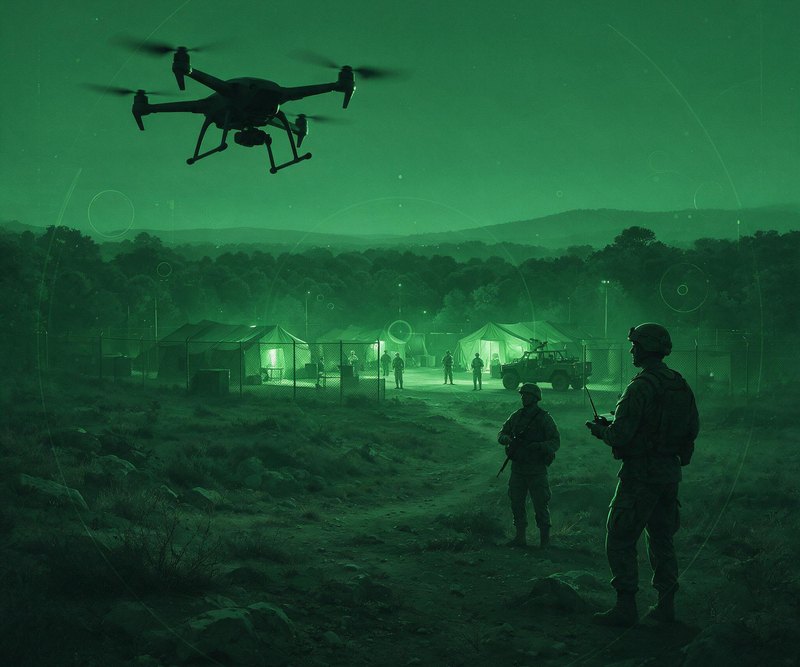 Forward operating base with a drone overhead